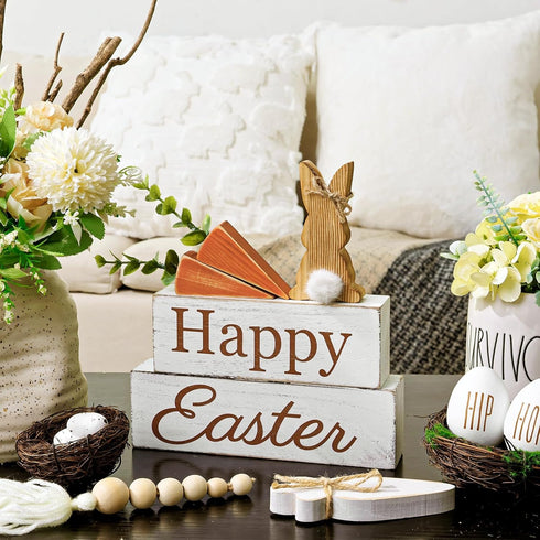 5PCs Easter Decorations: Happy Rustic Easter Wooden Bunny Carrot Table Signs, Cute Carrots Bunny Shaped Holiday Home