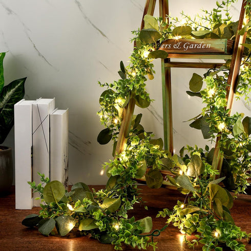 2 Pack 6 20 ft Artificial Eucalyptus Garland with Lights Spring Garland with LED Fairy String Lights Fake Eucalyptus