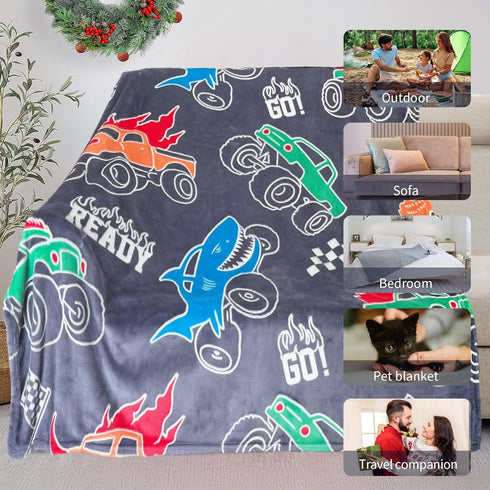 COMFAR 3-12, 40"x 50" Glow in The Dark Monster Truck Blanket for Boys/Girls/Kids/Toddler/Baby, Monster Truck Toys