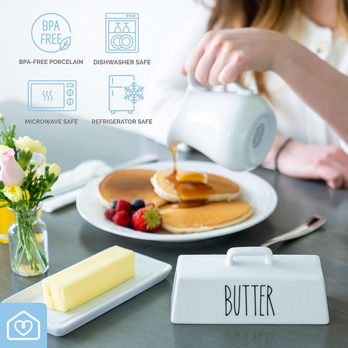 Heartland Home Porcelain Covered Butter Dish with Lid for Countertop - 7.6" x 3.8" Butter Holder Container with