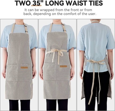 NLUS 2 Pack Cooking Aprons for Women with Pockets, Adjustable Kitchen Bib Aprons (Brown Pinstripes)