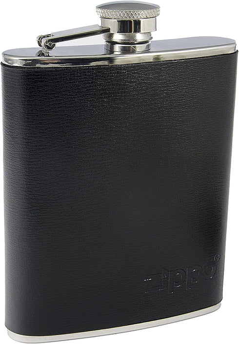 Zippo Hip Flask – Reusable, Secured Lid to Prevent Spills, Stainless Steel, Black Leather Logo, 177ml.