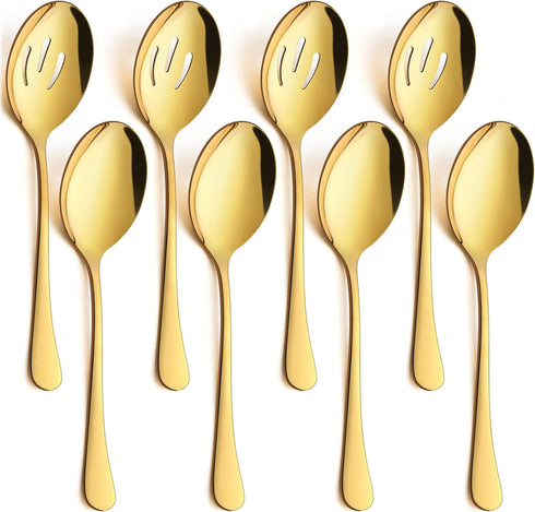 LIANYU 8 Pack Gold Serving Spoons, 8 3/4 Inch Stainless Steel Slotted Utensils for Catering