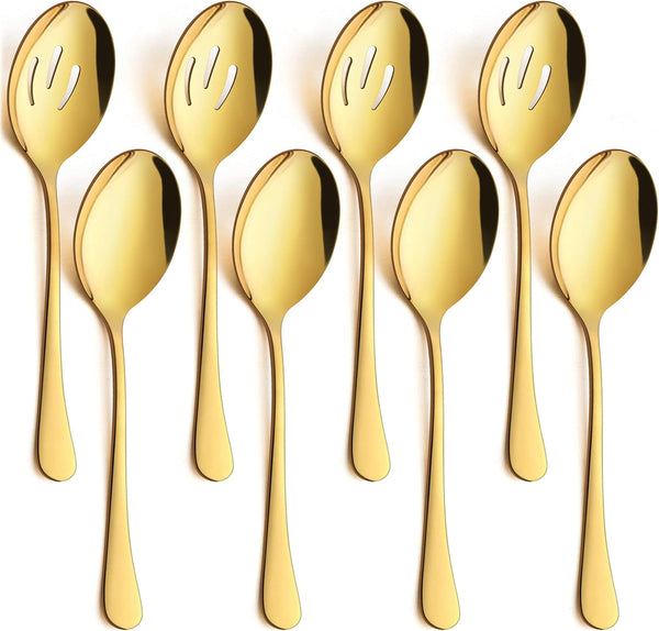 LIANYU 8 Pack Gold Serving Spoons, 8 3/4 Inch Stainless Steel Slotted Utensils for Catering