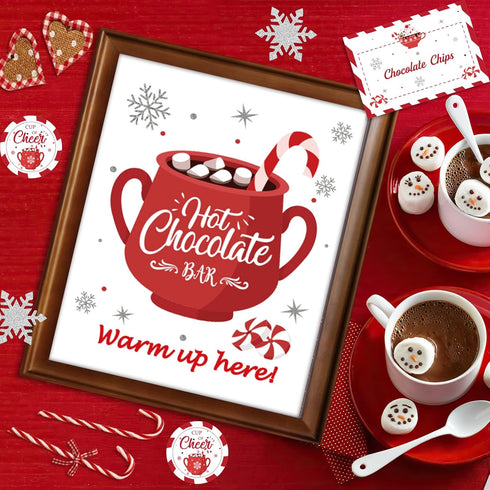 Hot Cocoa Bar Supplies Christmas Hot Cocoa Bar Banner Snowflake Red Hot Chocolate Bar Sign Toppings Labels Cup Tags
