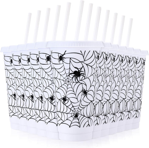 Funnymoom 24 24 Oz Pcs Halloween Cups with Lids and Straws Spiderweb Halloween Plastic Cups Bulk White Mugs for Kids