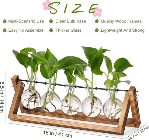 Decor(5 Bulb YIBOT Propagation Stations,Plant Terrarium with Wooden Stand,Plant Lover Gifts for Women for Hydroponics