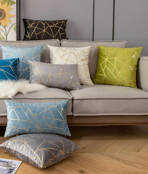 YONGLIU Pack of 2 Velvet Cushion Cases, Decorative Gold Foil Geometric Pattern Throw Pillow Covers (Gray and Gold)