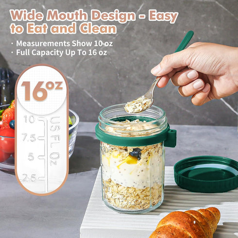 4 Pack 16 Oz DRKIO Glass Overnight Oats Containers with Lids and Spoons Mason Jars for Overnight Oats Jars Leak Proof