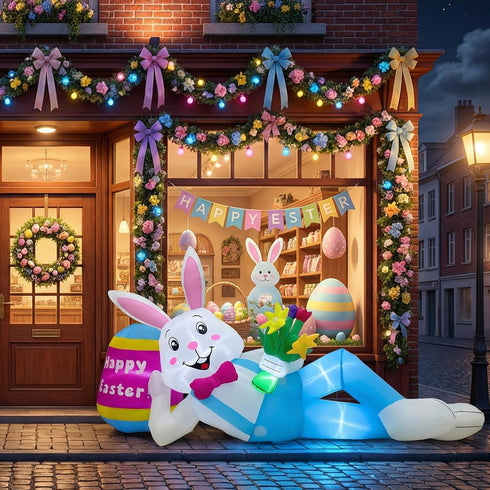 8FT OurWarm Easter Inflatables Outdoor Decorations, Lying Inflatable Easter Bunny Decor with Egg, Easter Blow Up Yard