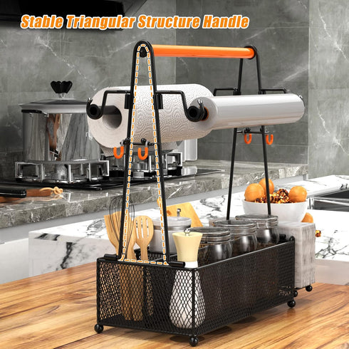 PHINOX Utensil Holder for Party, Picnic, and Camping, Black Flatware Caddy with Handle & Paper Towel Roll Holders