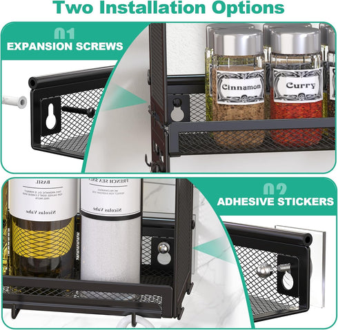 3 9 Hooks-2 Docnest Tier Wall Mounted Spice Rack with Installation Ways (Screw/Adhesive), Space-Saving Metal Spice