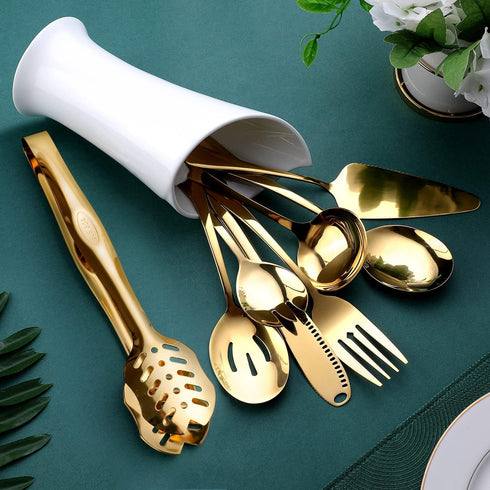 OGORI Gold Serving Utensils Set, 8-Piece Polished Stainless Steel Flatware Include Serving Spoon, Fork, and Knife