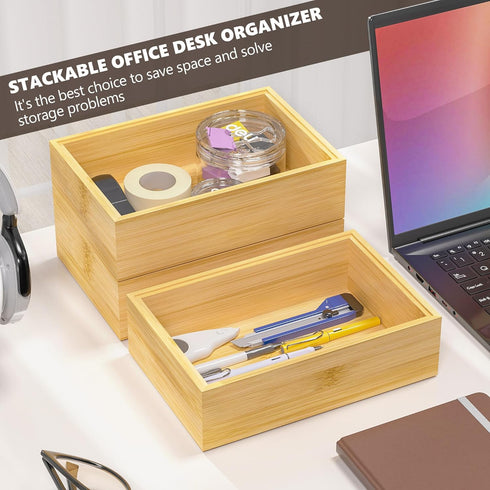 Stackable Bamboo Kitchen Drawer Organizer Bins for Silverware, Flatware, and Office Desk - 9" x 6" x 2.5"