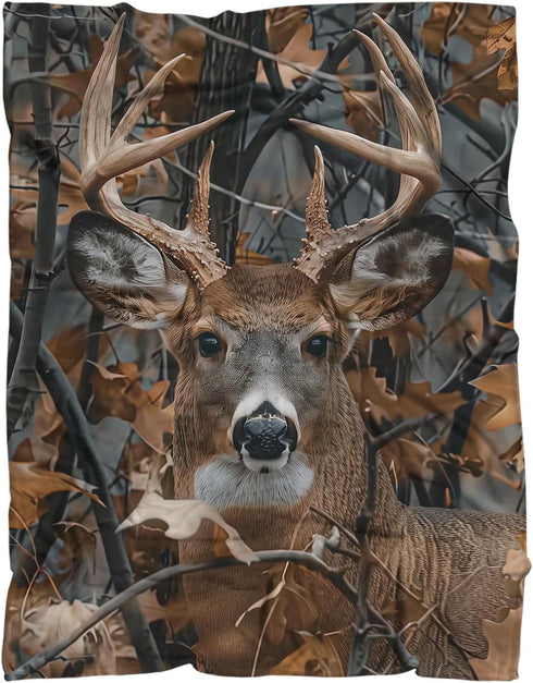 Camo,80"x60" KOYI Camo Gifts for Men, Camo Buck Blanket, Realistic Camo Leaves with Deer Blanket, Deer Gifts for Men
