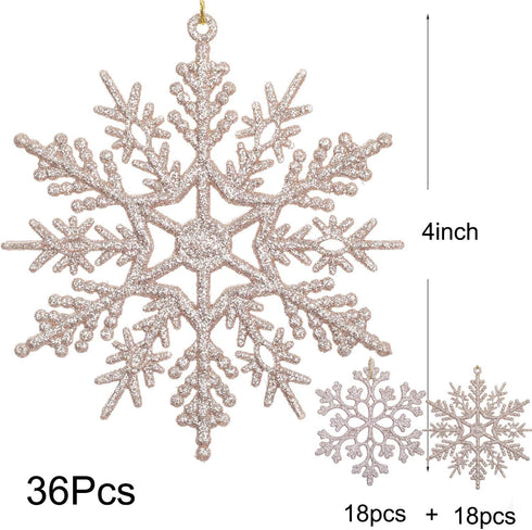 DearHouse 36Pcs Glitter Snowflake Ornaments for Christmas Party Decorations, 4 Inch Blush Gold