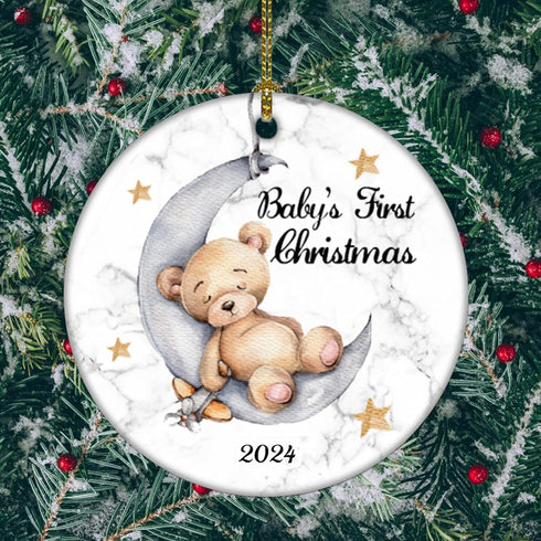 Baby's First Christmas 2025 Boy Bear on The Moon Ornament, Christmas Wedding Decoration, Newlywed 2025 (Yellow and