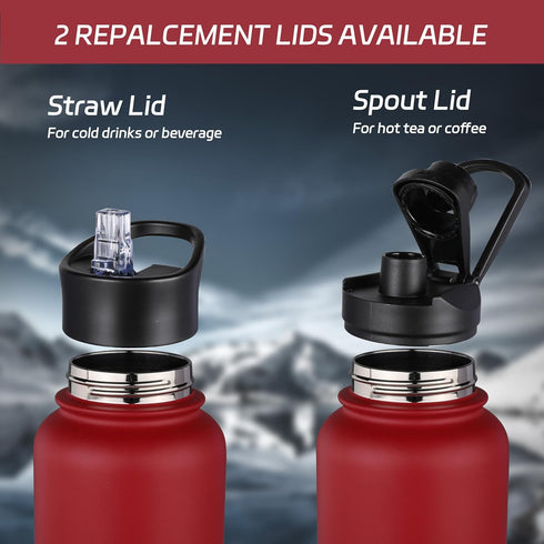 HASLE OUTFITTERS 32 oz Insulated Water Bottle, Stainless Steel Double Walled Vacuum with 2 Lids (Red,4)