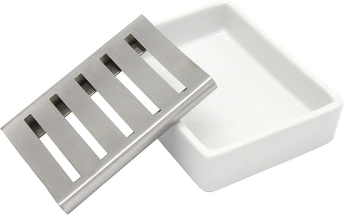 Ceramic Soap Dish - Stainless Steel Soap Holder for Bathroom and Shower, Double Layer Draining Soap Box