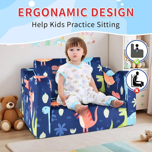 2-in-1 Kids Couch Sofa Toddler Sofa Dinosaur Foldable Toddler Couch Bed Flip Open Kids Chair for Playroom Bedroom Gift