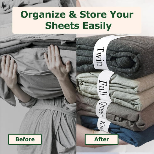 Bed Sheet Organizer and Storage Size Label Bands | Bed Sheets Set Organizers for Linen Closet Organization - Elastic Bedding Band Labels Sheet Keepers for Organizing Bedsheet (King 2PCs Pack | White) by ECOHomes