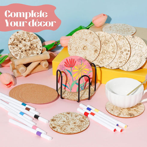 Reallnaive 45 4 Inch Pcs Flower Wooden Coasters Painting Kit, Paint Your Own Boho Coasters with Markers, Mothers Day