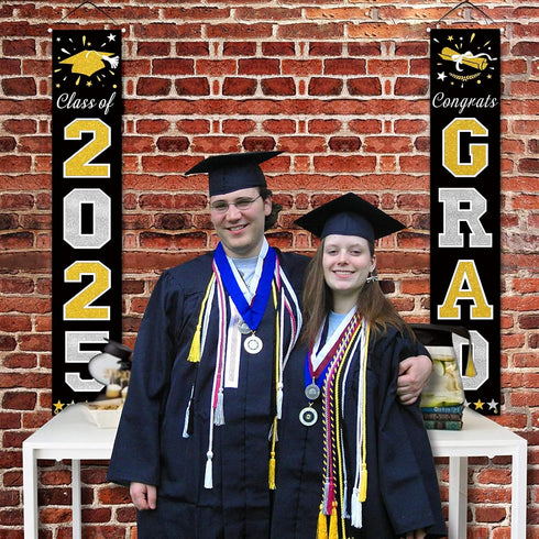 DAZONGE 2025 Graduation Decorations, Black & Gold Class of Porch Banners for Any Schools or Grades Party Supplies
