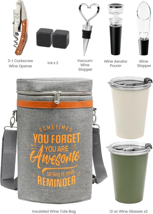 Set 2 2 Wine Cooler Bag Gift with Tumblers, Insulated Portable Wine Carrier Holds Bottles, Perfect for Outdoor Use