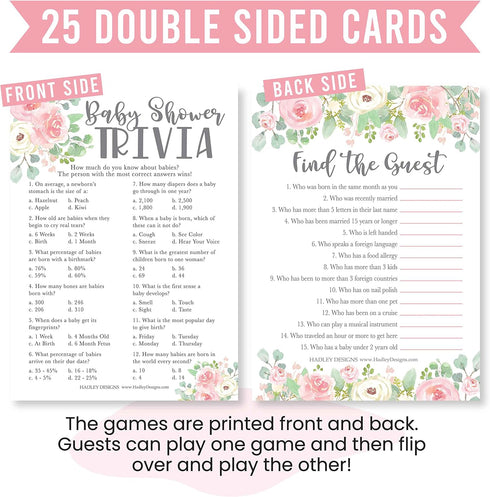 Hadley Designs Baby Shower Games for Girls, 25 Double-Sided Cards for 25 Guests, Baby Trivia and Find The Guest
