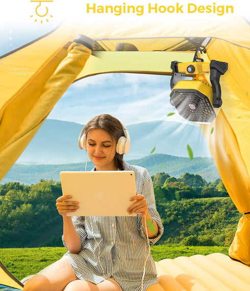 Camping Fan with LED Lantern, 10400 mAh Rechargeable Battery Powered Fan with 270° Head Rotation for Travel