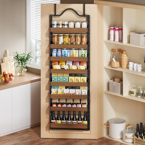8-Tier 2 1 Spice Rack Wall Mount, Heavy-Duty Over the Door Pantry Organizer with Wooden Adjustable Basket, IN Wall