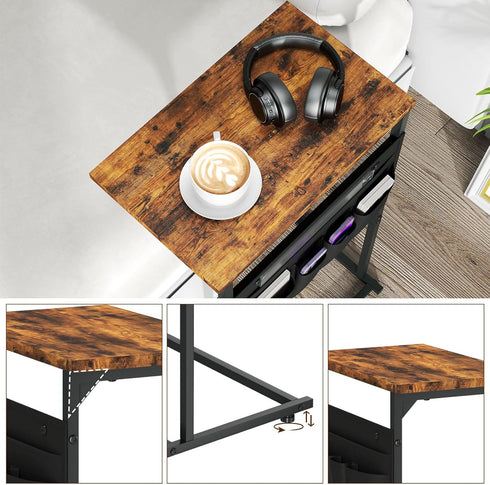 ZER-007Br C Shaped End Table, Small Side Table with Storage Bag for Couch, Sofa Table with Metal Frame for Living Room
