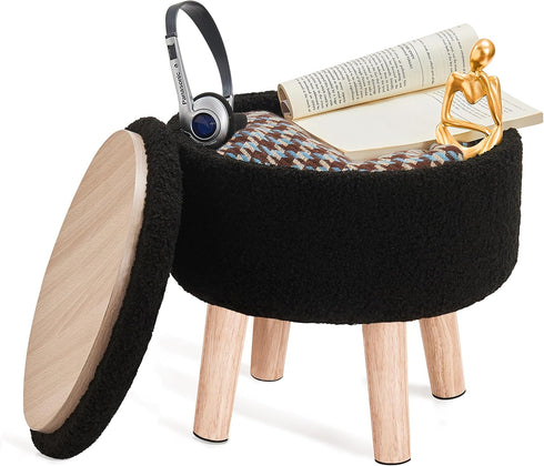 Poofzy Small Ottoman with Storage, Small Foot Stool Ottoman with Wood Legs,