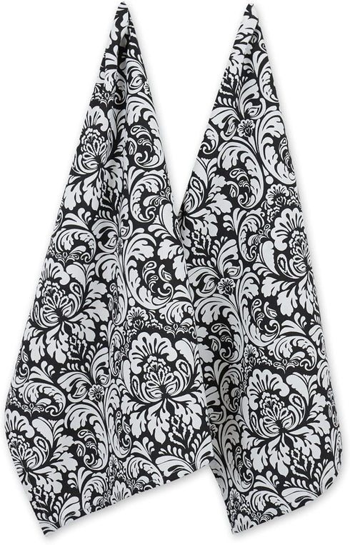 DII Cotton Dish Towel Set, Damask Print, Black, 18x28, 2 Count