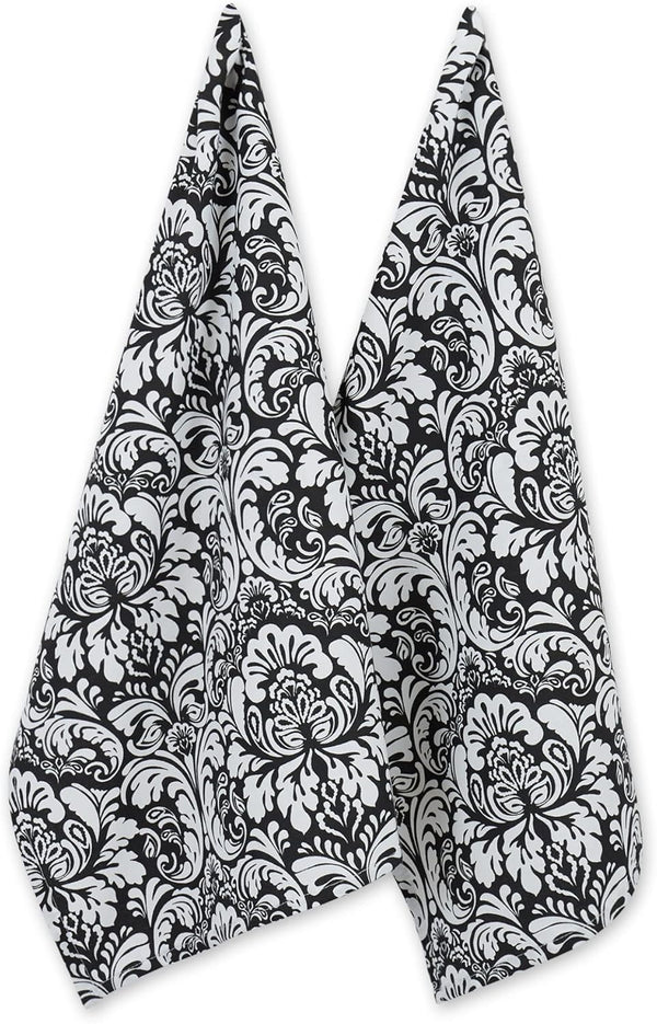 DII Cotton Dish Towel Set, Damask Print, Black, 18x28, 2 Count