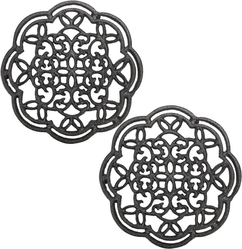 Yopay 2 Pack Heavy Duty Cast Iron Trivet, 7.7 inch Round Metal Holders for Hot Pans, Rustproof with Rubber Pegs