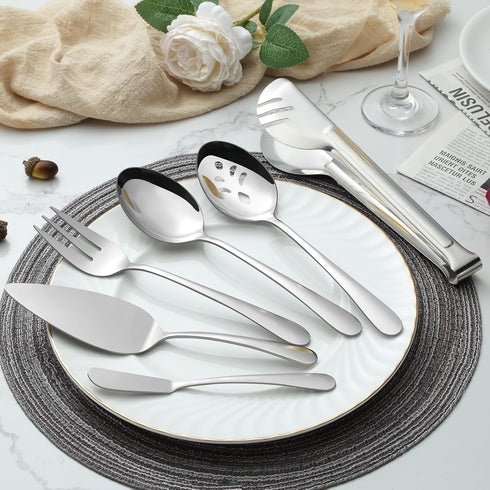 BEWOS 20-Piece Large Serving Utensil Set, Includes Spoons, Tongs, Forks, Cake Server, Stainless Steel, Dishwasher Safe