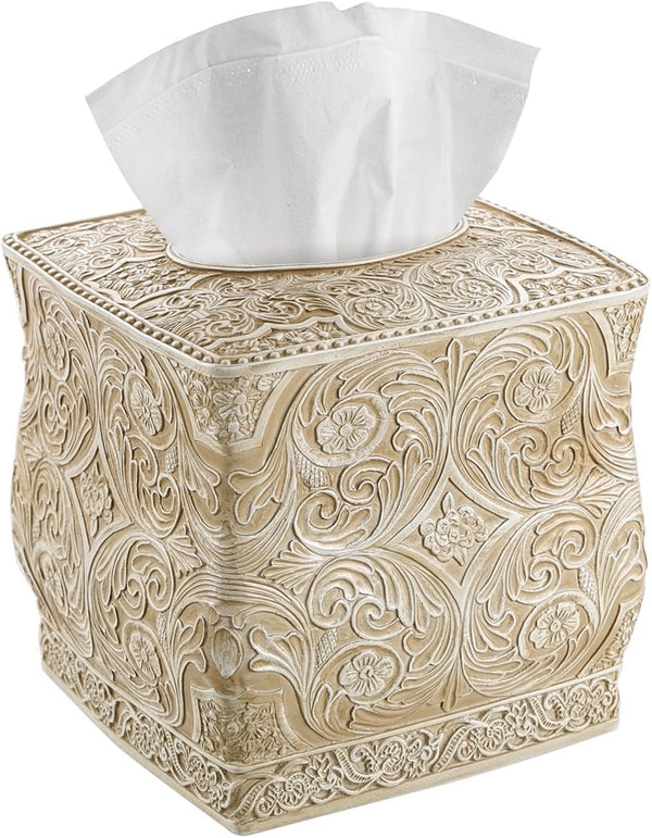 Creative Scents Victoria Tissue Box Cover, Beige Square Holder for Bathroom, Decorative with Durable Slider