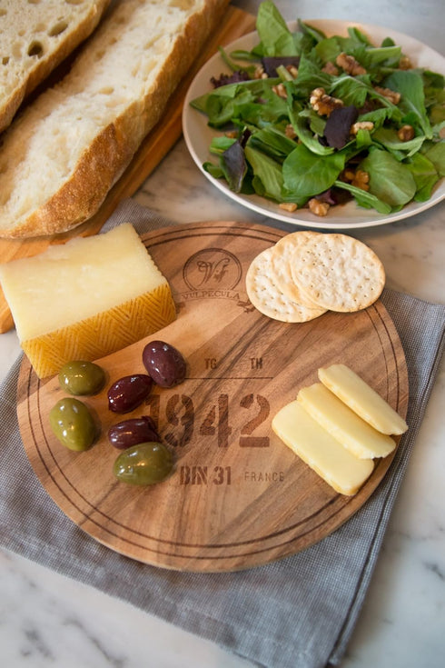 Ironwood Gourmet Engraved Multi-Use Circle Serving Board, 0.5 x 9 x 9 inches, 1942 Wine Barrel Design