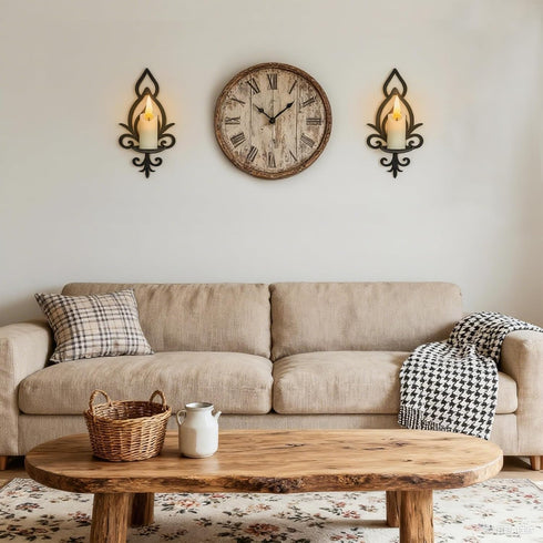 Set 2, Wall Candle Sconces of Vintage Flower-Shaped Metal Candle Holders for Pillar, Tealight, and LED Candles, Rustic