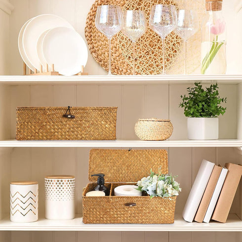 Sumnacon Small Woven Basket for Shelf Wicker Shelf Storage Basket with Sections Seagrass Storage Basket with Lid for Tampon Toiletry Rectangular Storage Basket for Shelf Bathroom Table Desk Caramel by Sumnacon