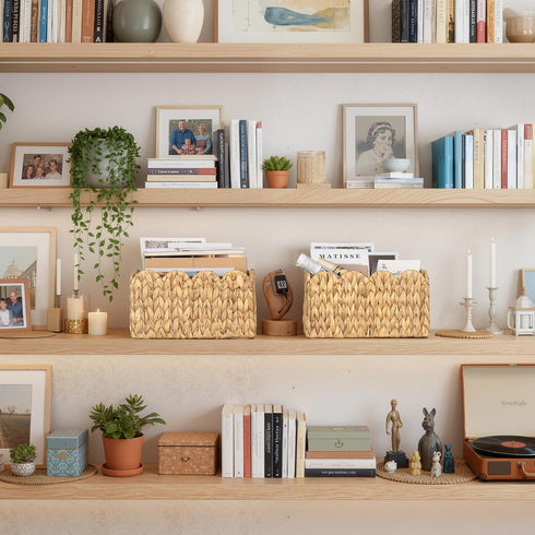 13"L 8"W 7"H StorageWorks Scalloped Water Hyacinth Baskets, Hand-woven Rattan Baskets with Built-in Handles, Cute Baby