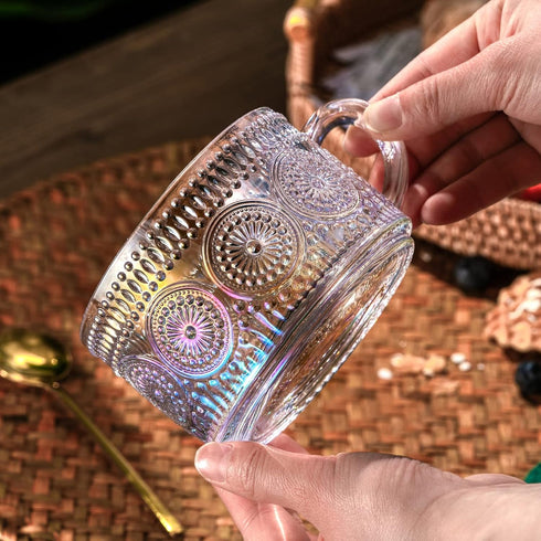 Gezzeny 14 Oz Set 2 Vintage Glass Coffee Mugs of Iridescent Embossed, Tea Cups,Glass Coffee Cups for Cappuccino