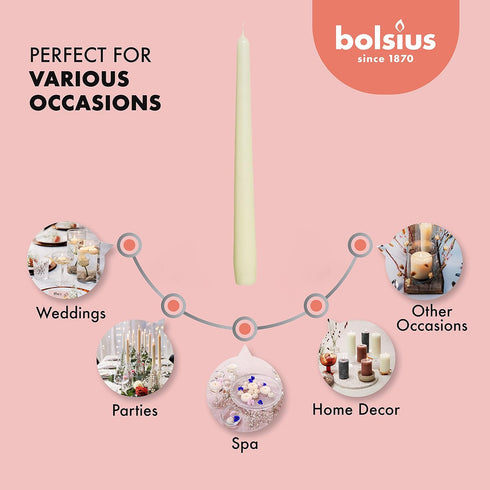 BOLSIUS Ivory Taper Candles, 10 Pack Unscented 10 Inch Dinner Candle Set, Premium Quality, Smokeless