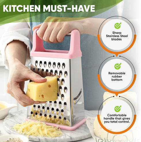 Spring Chef Professional XL Parmesan Cheese Grater with Handle, 4 Sided Box Grater for Kitchen (Pink Lemonade)