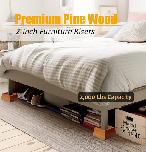 Premium Pine Wood 2-Inch Furniture Risers, Heavy-Duty, 2000 Lb Capacity, Floor Protectors