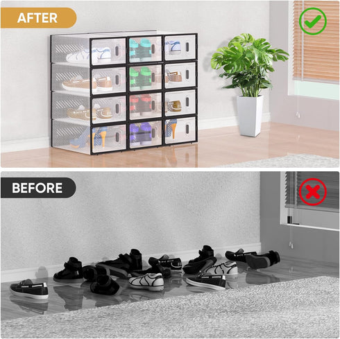 6 Pack 9, BALEINE Stackable Shoe Storage Boxes Fit Size Thickened Clear Shoe Box Bins with Lids, Plastic Foldable Shoe