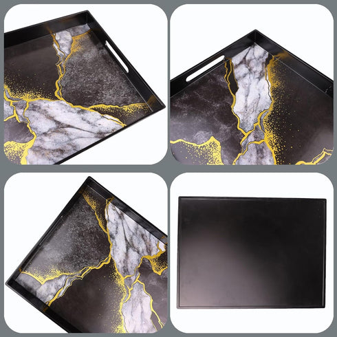 Counter, 15.7*11.8*1.6 Marble Black Decorative Tray for Coffee Table, Ottoman, Rectangular Plastic Serving Platter Tray