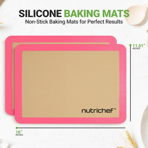 Nutrichef Silicone Baking Mats - 2 Non-stick Food-Grade Reusable Silicone Mats - Perfect for Half Baking Pans 16.5 x 11.6 IN - Oven-Safe Up to 480 Degrees F - Safe for Ovens & Dishwashers - Pink by NutriChef