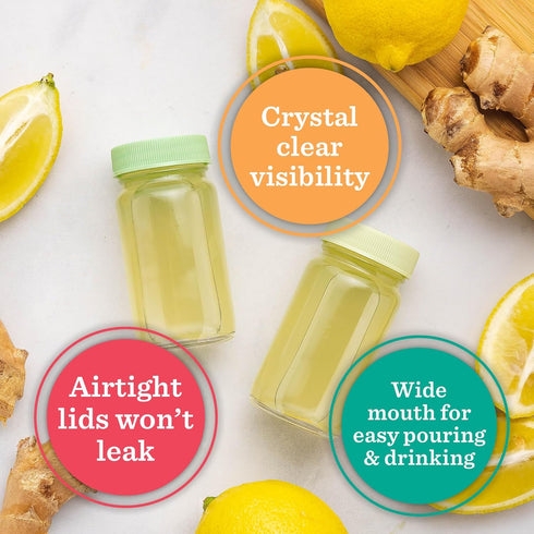 2oz, Juice Shot Containers, Glass, Clear, Colored Lids & Silicone Grip Bands, Beverage Storage, Juicing, Ginger